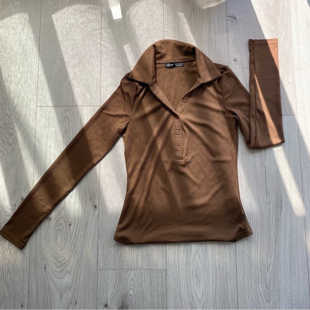 SHEIN Brown Ribbed Polo Shirt